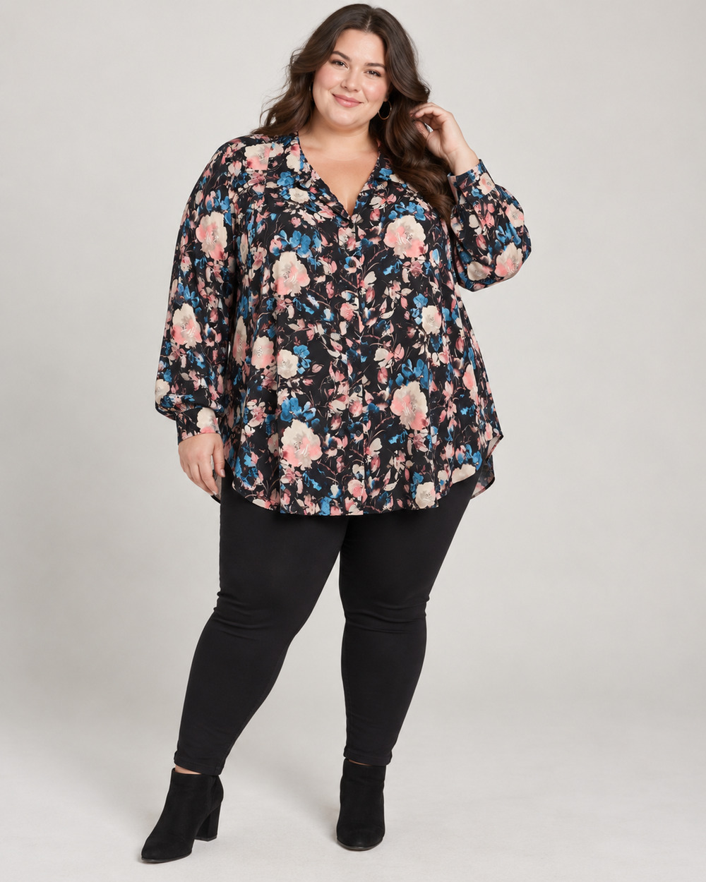 Torrid Womens Size 5 5X Floral Button Front Blouse Black Pink Blue Plus Size